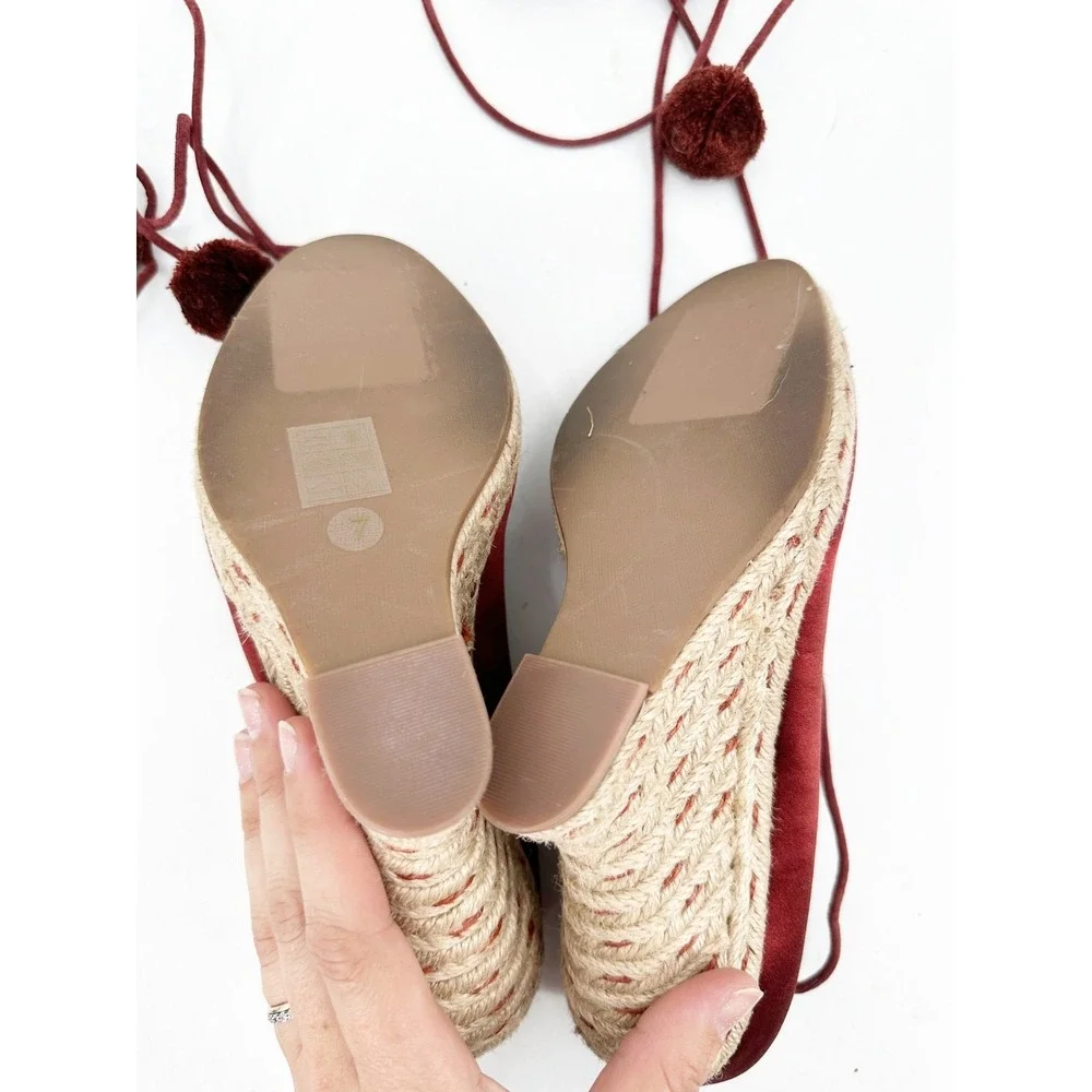 Tory Burch Red Pom Pom‎ Lace Up Satin Wedges Espadrille Size 7